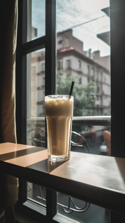 Iced coffee with milk in a glass on a table in a cafeの素材