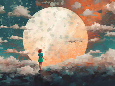Girl in green dress standing on the edge of the clouds and looking at the moonの素材