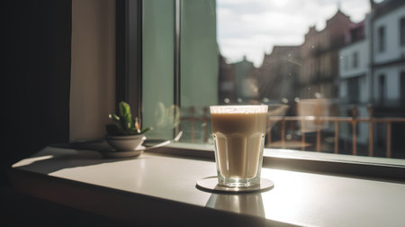 Coffee latte in a glass on the windowsill.の素材