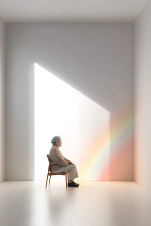 Elderly man sitting in a chair in a room with a rainbowの素材