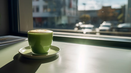 Green cup of hot matcha latte coffee on table in cafeの素材