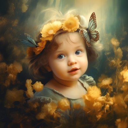 Little girl with butterfly on the background of yellow flowers and grass.の素材