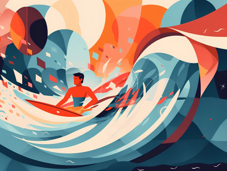 Surfer in the waves. Vector illustration of a surfer with surfboard.の素材