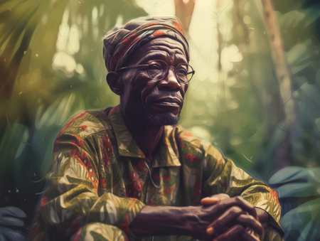 Portrait of a senior African man wearing traditional clothes and glasses.の素材