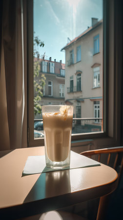Coffee in a glass on a table in front of the windowの素材