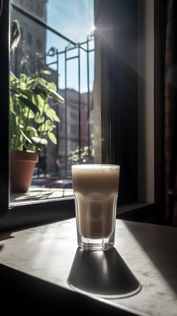 A glass of cappuccino on the table near the windowの素材