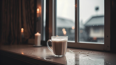 Cup of coffee on the windowsill in the rainy day.の素材