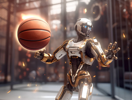 3D rendering of a female robot holding a basketball in her handの素材