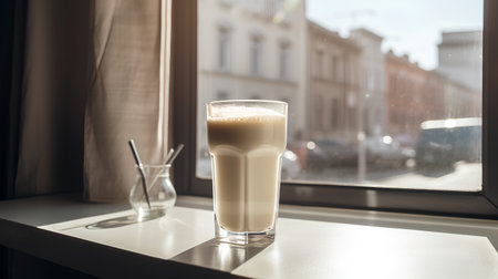 Coffee latte in a glass on the windowsill.の素材
