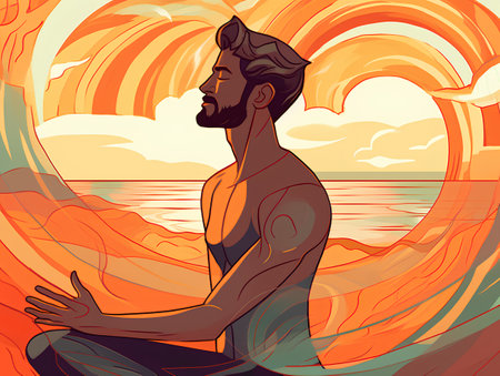 Man meditating in lotus pose on the beach. Vector illustrationの素材