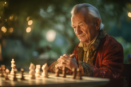 Portrait of senior man playing chess in the park at sunset timeの素材