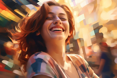 Portrait of a happy smiling young woman in the city at nightの素材