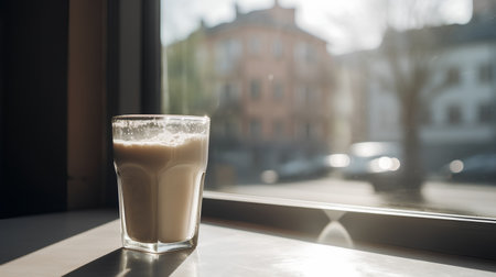 A glass of cappuccino on the background of the window.の素材