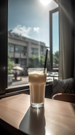 Coffee in a glass with a straw on the table.の素材