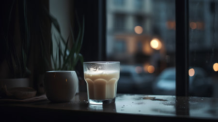 Coffee with milk in a glass on the background of the window.の素材