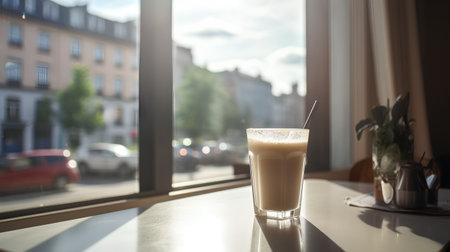 Iced coffee in a glass on the windowsill in the morningの素材