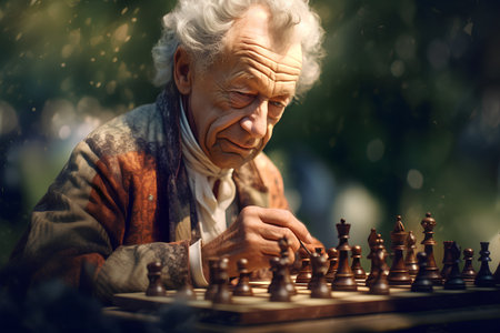 Elderly man playing chess in the rain on a sunny dayの素材