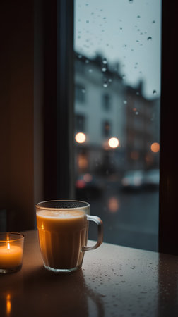 Coffee cup and candle on the window with rain drops.の素材