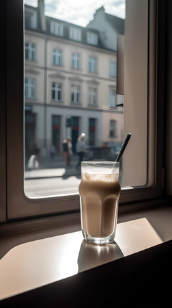 Cappuccino in a glass with a straw on the windowsillの素材