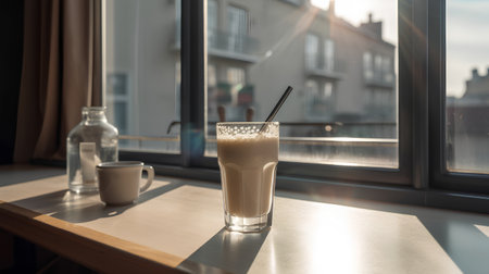 Coffee in a glass with a straw on the windowsillの素材