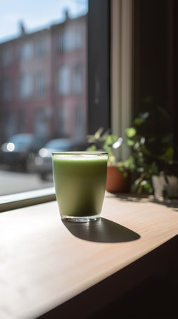 A glass of matcha latte on the windowsill of a cafeの素材