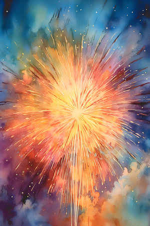 Firework in the sky. Watercolor painting. Fireworks background.の素材