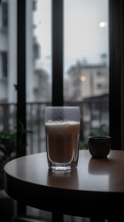A glass of coffee on a table in a cafe. Close-upの素材