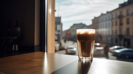 Iced coffee in a glass on the background of the city.の素材
