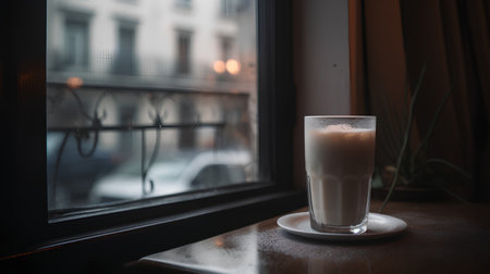 A glass of milk on the table in a cafe on the background of the windowの素材