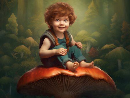 Little red-haired boy with a big mushroom. Fantasy forest background.の素材