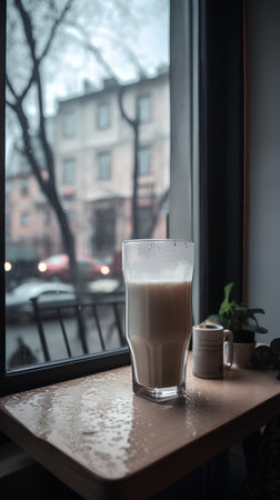 A glass of milk on a table in a cafe by the windowの素材