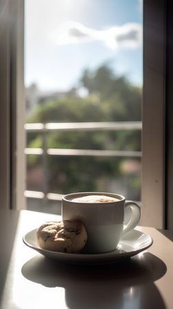 Cup of coffee and cookies on the window sill. Selective focus.の素材