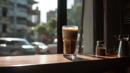 Iced coffee in a glass on a wooden table in a cafeの素材