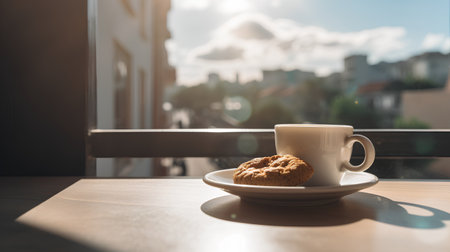 Cup of coffee and cookies on the windowsill in the morningの素材