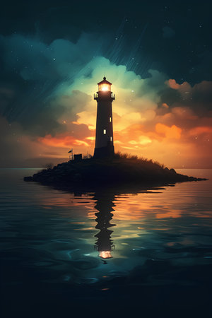 Lighthouse on the island in the sea at night, vector illustrationの素材