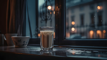 Coffee in a glass on the windowsill of a cafeの素材