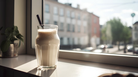 A glass of cappuccino with a straw stands on the windowsill.の素材