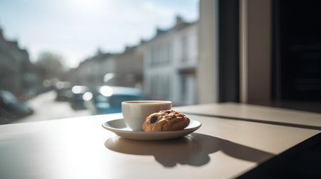 Cup of coffee and cookies on the windowsill in the morningの素材