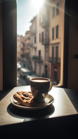 Cup of coffee and cookies on the window sill in the morning.の素材