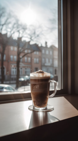 Cappuccino in a glass cup on the windowsill.の素材