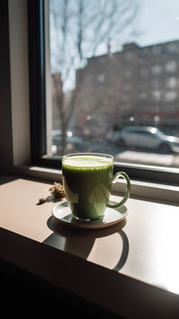 A cup of green matcha latte on a windowsill.の素材