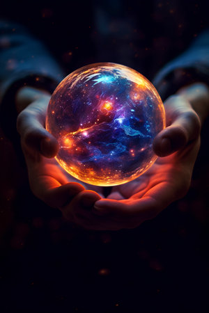 Hands holding a glowing planet earth in space. Elements of this image furnished by NASAの素材