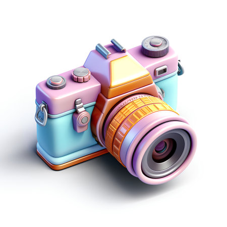 3d illustration of retro camera over white background with shadow and reflectionsの素材