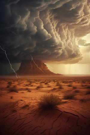 Storm over desert with lightning in the sky. 3d illustration.の素材
