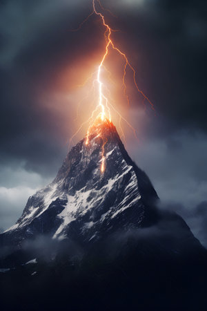 Beautiful mountain landscape with lightning in the sky. 3d renderingの素材