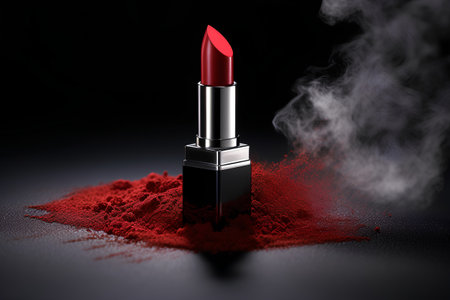 Red lipstick on black background with red powder. 3d illustration.の素材