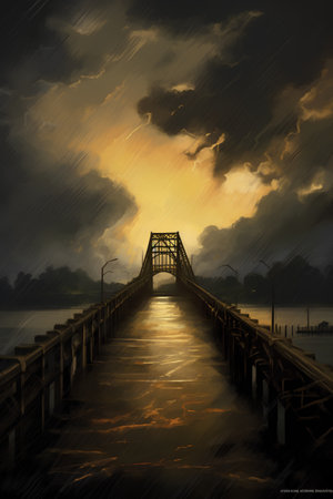Old wooden bridge over the sea at sunset with dramatic sky background.の素材