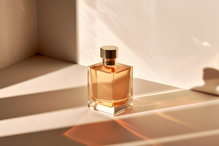 Perfume bottle on a golden background. 3d rendering.の素材