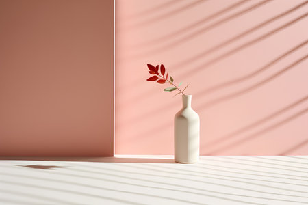 3d render, vase with leaves on a pastel backgroundの素材
