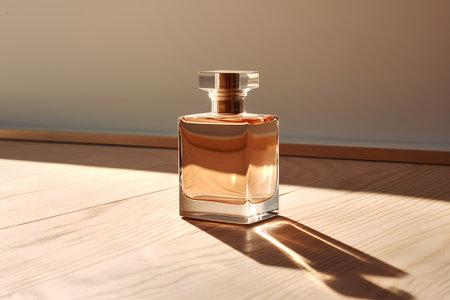 Perfume bottle on a wooden table in sunlight. 3d renderingの素材